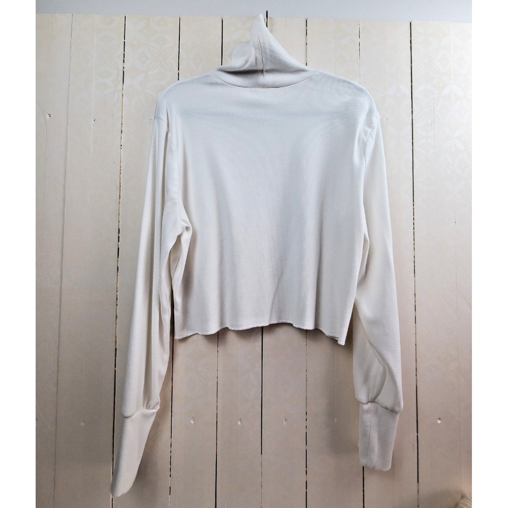 Ribbed Knit Cropped Turtleneck Top Cream Off White Wide Cuff Long Sleeve